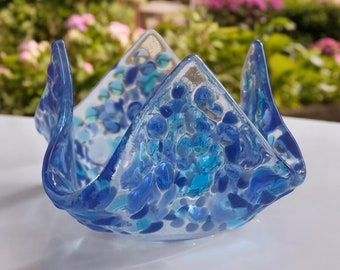 Handmade Fused Glass Tea Light Holder: Blue Aqua Decor