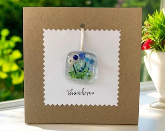 Handmade fused stained glass Thank You greetings card with detachable blue flower decoration gift and card in one.