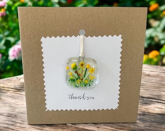 Handmade fused stained glass Thank You greetings card with detachable yellow tulip flower decoration gift and card in one.