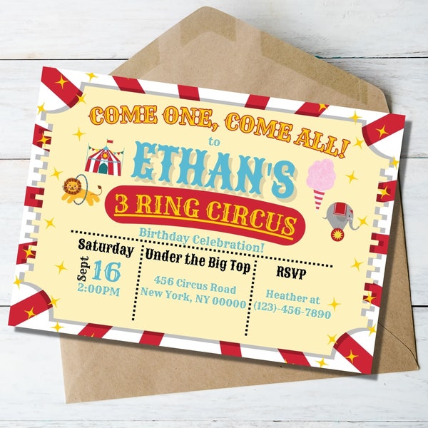 Three Ring Circus Birthday Invitation, Three Year Old Birthday Invitation, Circus Birthday Party, Circus Party Invitation, 7in x 5in Card