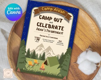 Camping Birthday Invitation, Editable, Camp Out, Camping Party Template, Campfire, Smores Party, Fishing, Customizable, Digital Download