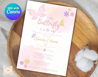 Butterfly Baby Shower Invitation, Purple Pink Yellow Butterfly Baby Shower Invite, Girl Baby Shower Invitation, Editable 7in x 5in Template