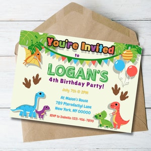 Invitations personnalisées de fête d'anniversaire de dinosaure, fête d'anniversaire de dinosaure de garçon et de fille, invitation de partie de dinosaure, carte de 7 po x 5 po