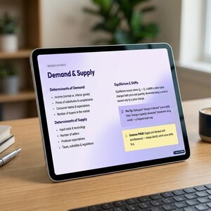 May include: A tablet displaying a "Demand & Supply" economics lesson sits on a wooden desk. A notebook, pen, coffee cup, keyboard, and mouse are also on the desk. A small succulent plant is in the background.