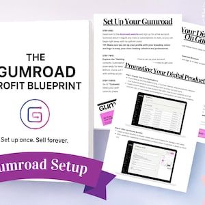 May include: A digital marketing guide titled "The Gumroad Profit Blueprint" with a logo and the text "Set up once. Sell forever." Additional pages detail Gumroad setup and promoting digital products. A purple banner reads "Gumroad Setup."