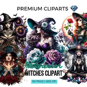 Watercolor Witches Clipart Bundle: 50 PNG Witchy Elements (Commercial Use, Digital Download)