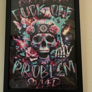 May include: Framed artwork featuring a skull design with roses and the text "DON'T MAKE ME FUCK OFF". The artwork uses a mosaic style with a black frame. The color palette includes pink, blue, and white.