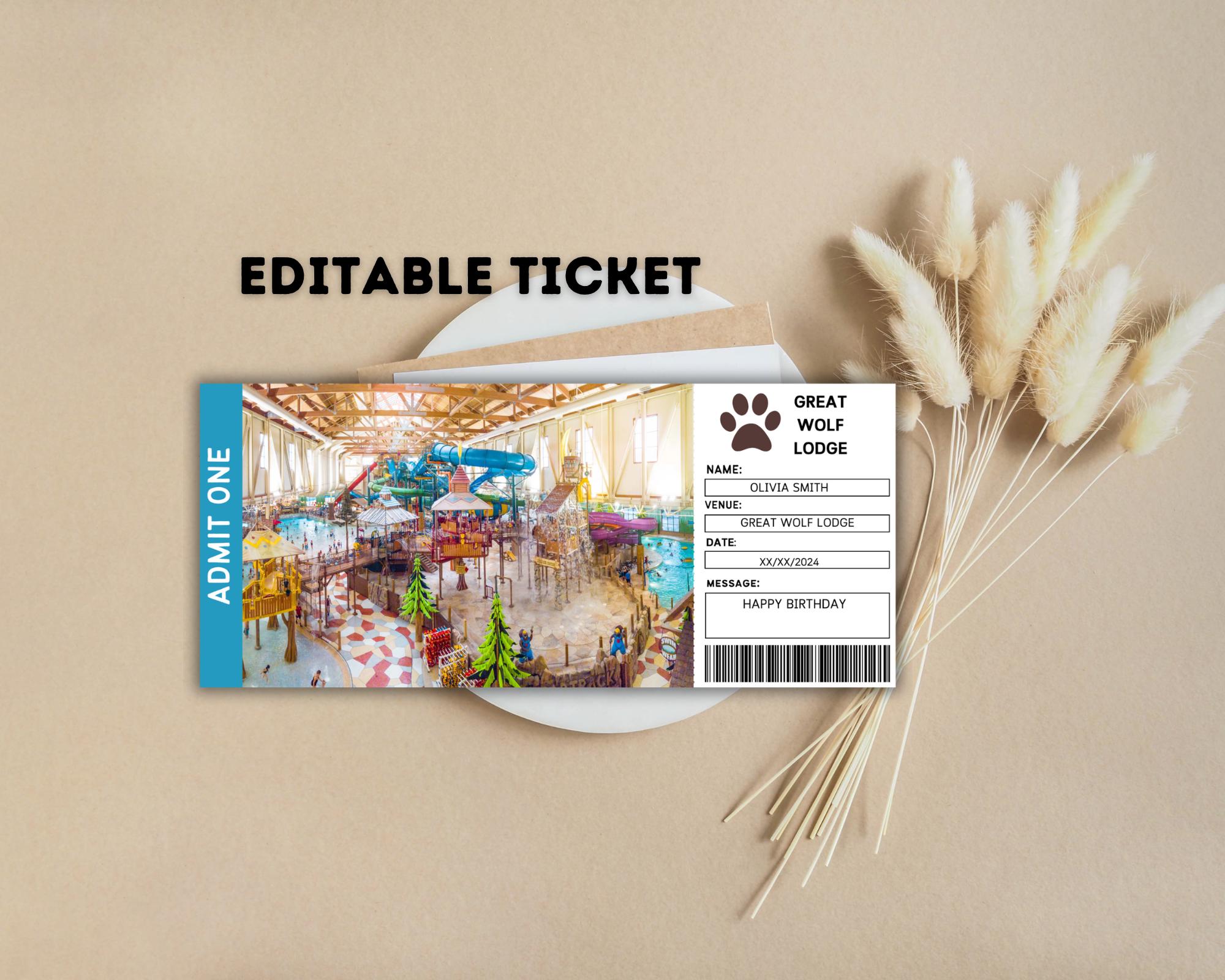 Editable Great Wolf Lodge Ticket Template, Great Wolf Lodge Ticket ...