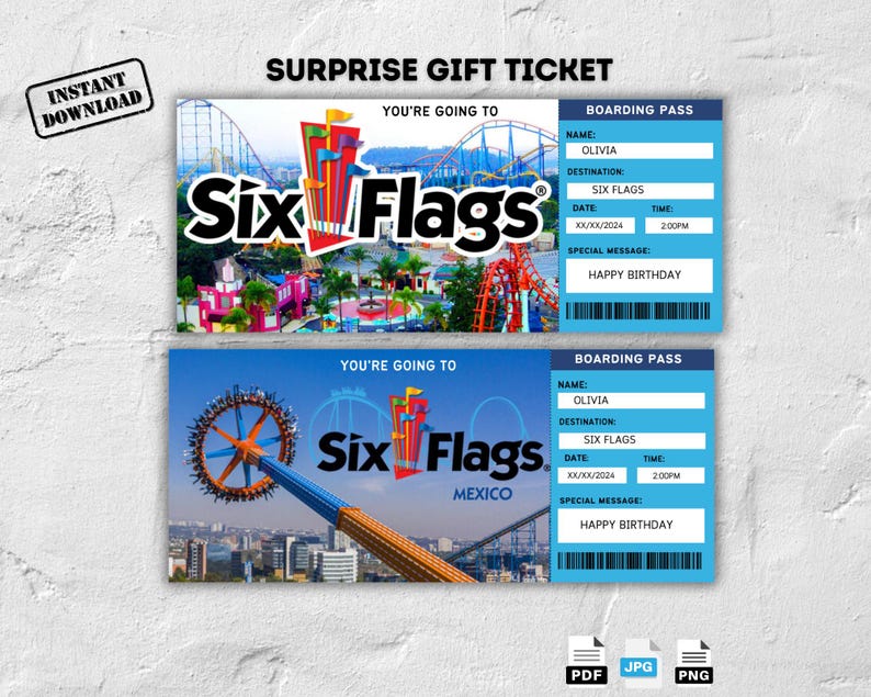 Printable Six Flags Gift Ticket Template, Boarding Pass, Birthday ...