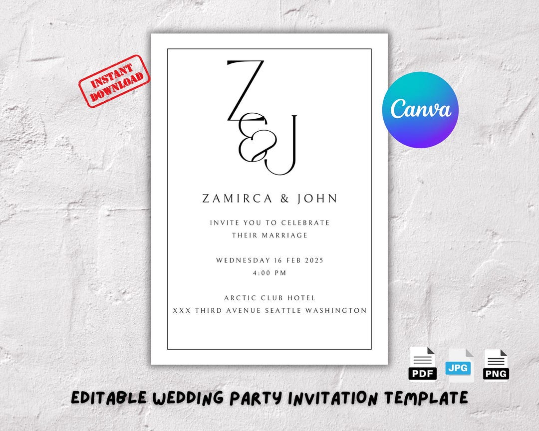 Editable Modern Wedding Invitation, Minimalist Wedding Invites, Black ...
