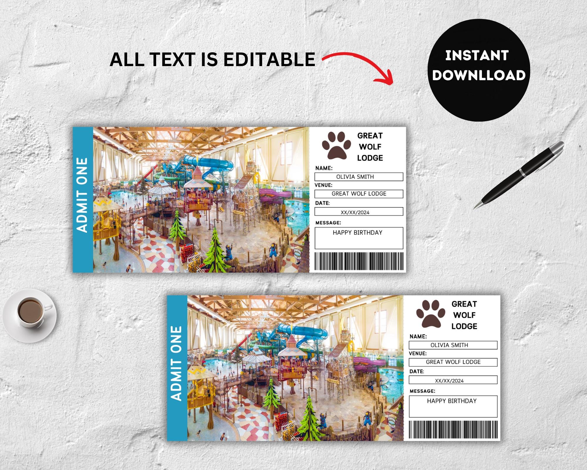 Editable Great Wolf Lodge Ticket Template, Great Wolf Lodge Ticket ...