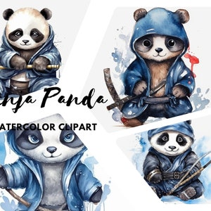 Cute Ninja Pandas, Baby Ninja Panda Clipart, Shinobi Black Panda, Panda Watercolor clipart, happy panda clipart, Scrapbooking,Assassin Panda