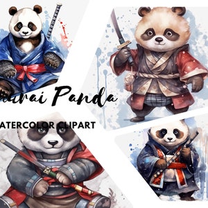 Cute Samurai Pandas, Baby Samurai Panda Clipart, Dojo Black Panda, Panda Watercolor clipart, happy panda clipart, Scrapbooking,Sword Samurai
