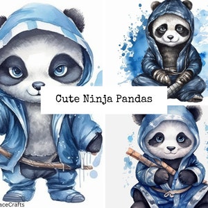 Baby Ninja Panda Clipart, Cute Ninja Pandas, Shinobi Black Panda, Panda Watercolor clipart, happy panda, Scrapbooking, Assassin Panda