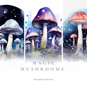 Watercolor Space Mushrooms Clipart - dark fantasy watercolor moonlight space garden PNG format instant download for commercial use