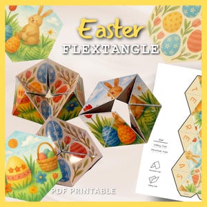 May include: Printable Easter flexatangle craft with a bunny, eggs, and flowers. The instructions include cut, valley fold, and mountain fold. PDF printable.