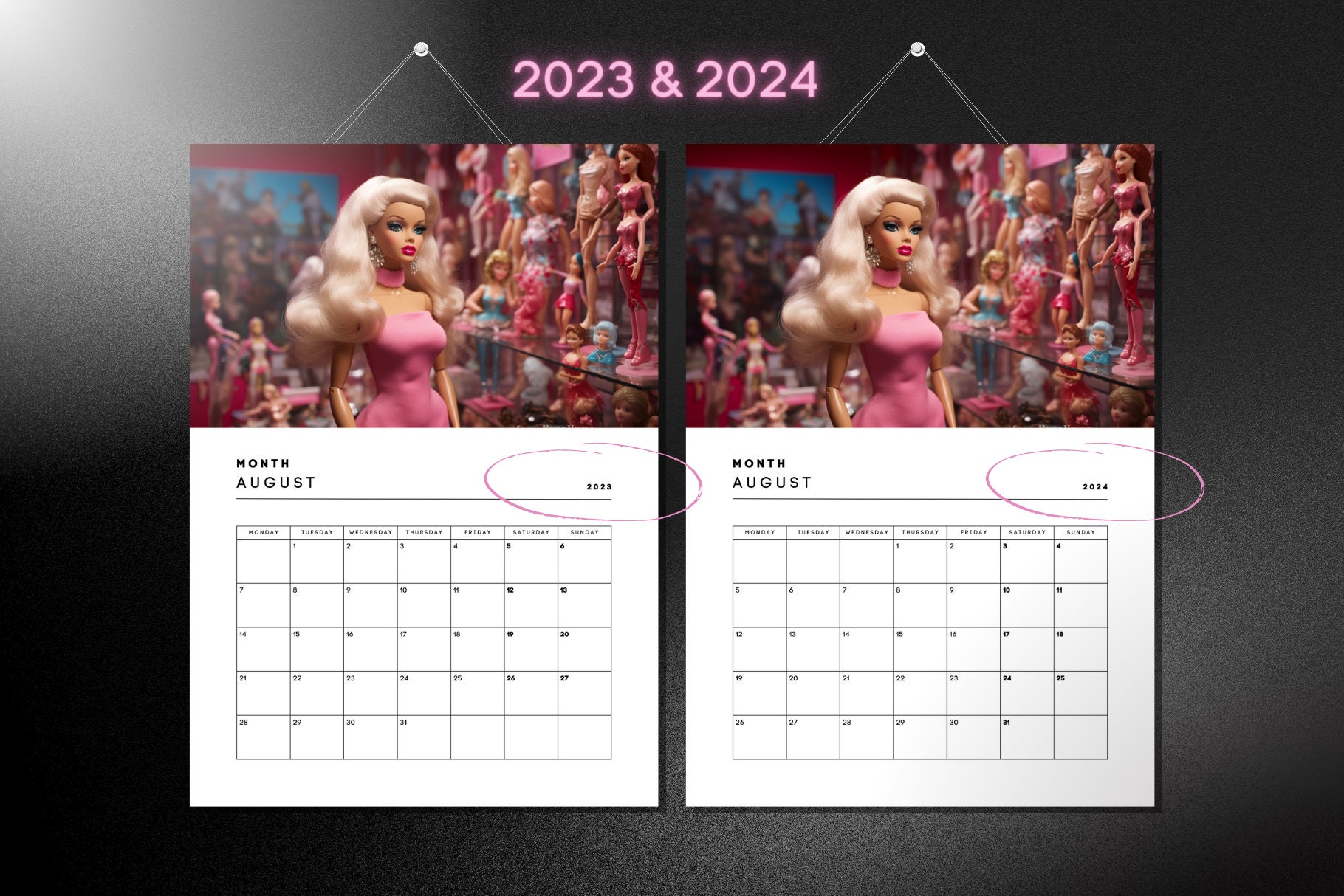 Canva Template Barbi Doll Calendar Planner Monthly Month 2023 & 2024