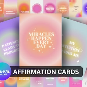 Canva Template - 50 Affirmationskarten für Dankbarkeit Digitaler Download, Affirmation Deck Farbverlauf Design, Aurora Farbverlauf Design, 8.5 x 11 cm