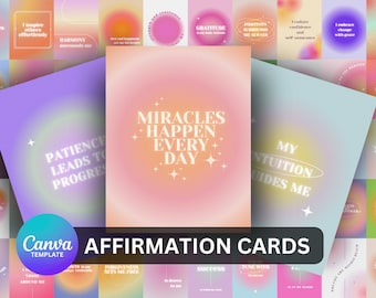 Plantilla de Canva: 50 tarjetas de afirmación para gratitud, descarga digital, diseño degradado, diseño Aurora, 8,5 x 11 cm