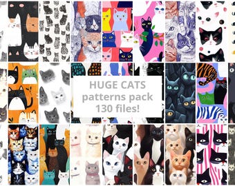 猫のシームレスパターン、誕生日、スクラップブック、かわいい、鮮やか、子供、トレンドペーパー、デジタル、商用利用の巨大なパック（130個）
