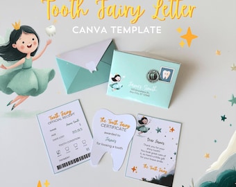 Editable Mini Tooth Fairy Letter Set, Mini Tooth Fairy Arrival Letter, Custom Canva Template, Tooth Fairy Certificate Receipt Turquise Green