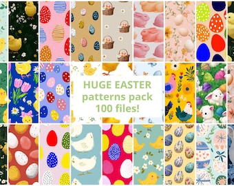 Paquete enorme (100 piezas) de patrón sin costuras de Pascua, paquete de conejito de papel digital sin costuras, digital, uso comercial, álbumes de recortes, textura huevos primavera