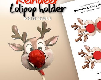 Cute Reindeer Lollipop Holder, Printable paper crafts, Instant Download digital Product, Christmas Candy Favor, Holidays Classroom Gift