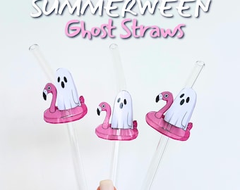 Decoración de fiesta de verano, pajitas de Halloween, pajitas de fantasma, decoración de fiesta de fantasmas, cumpleaños, fantasma en una piscina, flamenco flotante rosa imprimible
