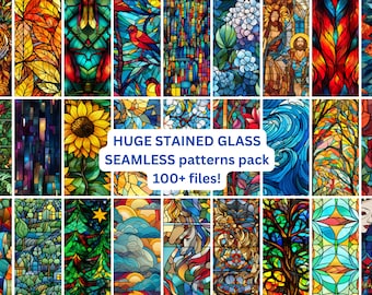 Más de 100 patrones sin costuras de vidrieras - Paquete PNG - Uso comercial, papel digital, paquete de patrones, conjunto