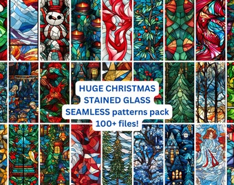 Más de 100 patrones sin costuras de vidrieras navideñas - Paquete PNG - Uso comercial, papel digital, paquete de patrones, conjunto, invierno