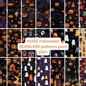 Op de afbeelding: Een digitale download van meer dan 100 naadloze Halloween-patronen. De patronen bevatten pompoenen, geesten, schedels, heksen en andere Halloween-beelden. De patronen zijn in verschillende kleuren, waaronder oranje, zwart, paars en groen.