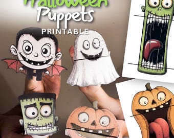 Afdrukbare Halloween-poppen: vampier, spook, Frankenstein, pompoen, handpop Dracula, sjablonen voor kinderen, monster, knutselen, activiteiten