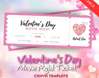 Può includere: Un modello di biglietto del cinema per San Valentino stampabile rosa e bianco con un codice QR a forma di cuore. Il testo sul biglietto recita "Valentine's Day Movie Night" e "Admit One".
