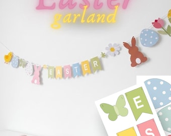 Guirnalda de Pascua imprimible, pancarta de fiesta de conejito DIY, manualidad de papel, decoración de primavera, huevos de último minuto