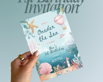 Invitación de cumpleaños imprimible de Oneder the Sea, plantilla editable bajo el mar, invitación para el primer cumpleaños, plantilla Canva de animales del océano para niñas y niños