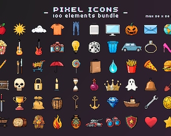 100 iconos de pixel art: archivo de paquete psd + 100 archivos PNG, cada uno en 3 tamaños