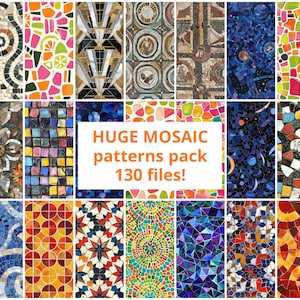 May include: A collage of 36 different mosaic patterns, featuring a variety of colours, shapes, and designs. The text "HUGE MOSAIC patterns pack 130 files!" is displayed in the centre of the image.