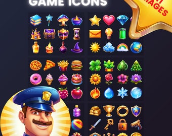Paquete de iconos para juegos 2D: 72 iconos, 12 personajes, 24 fondos, colorido