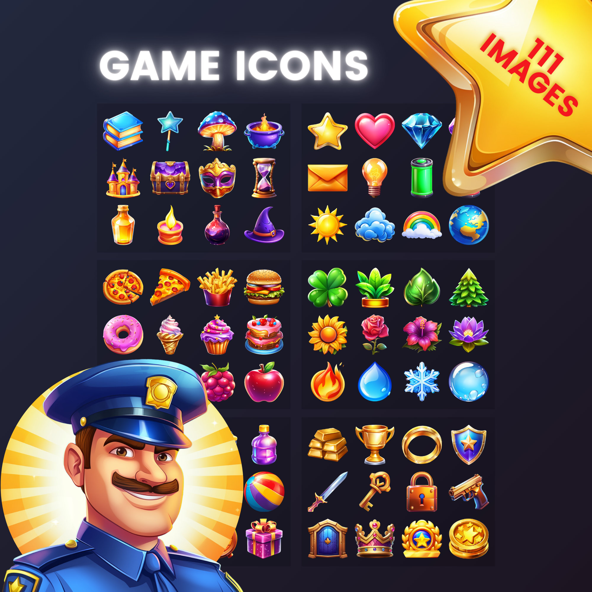 2D Game Icon Pack: 72 Icons, 12 Characters, 24 Backgrounds, Colourful ...