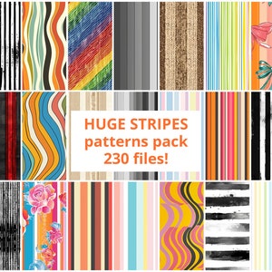 May include: A collage of 24 different striped patterns, including colourful, black and white, and textured stripes. The text "HUGE STRIPES patterns pack 230 files!" is in the centre of the image.