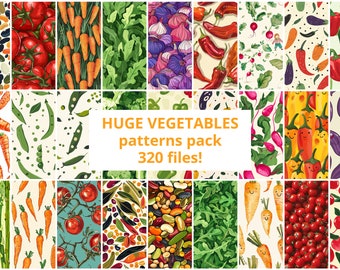 Paquete enorme (320 piezas) de patrón sin costuras de verduras, cumpleaños, álbum de recortes, lindo, vibrante, vegetal, papel de tendencia, digital, uso comercial