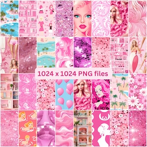 Könnte beinhalten: Eine Collage aus 16 digitalen Papiermustern in Rosa und Weiß. Die Muster umfassen Glitzer, Blumen, Wirbel und ein Puppenhaus. Der Text "1024 x 1024 PNG files" befindet sich in der Mitte des Bildes.