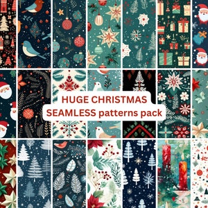 Op de afbeelding: Een set van 36 digitale naadloze kerstpatronen met verschillende feestelijke ontwerpen, waaronder de kerstman, kerstboom, sterren, kerstballen en meer. De patronen zijn in verschillende kleuren, waaronder rood, groen, blauw en wit. De tekst "HUGE CHRISTMAS SEAMLESS patterns pack" wordt in rood weergegeven.