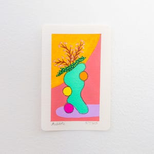 Cartão pintado à mão, cartão de arte vegetal, amante de plantas de cerâmica, arte de decoração de parede colorida, arte da natureza, decoração de parede vibrante, presente de inauguração de casa