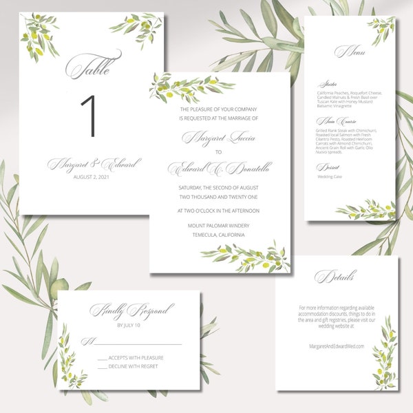 Italian Wedding Invitation Set, Editable Template, Olive Branch Invitation Bundle, Printable Suite, Instant Download, Table Number, RSVP