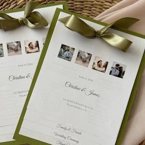 May include: Two wedding programs with olive green borders and matching ribbon bows. Each program features photos, the date "June 15, 2024", and the names "Christine & James". The location is La Quinta Resort & Club, Palm Springs, CA.