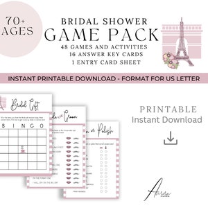 Game Pack per addio al nubilato, Parigi francese, download istantaneo, stampabile, pacchetto per feste, addio al nubilato, giochi di coppia, floreale rosa cipria