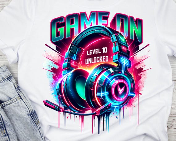 Game On Level 10 Unlocked Birthday PNG, Gamer 10th Birthday Shirt Design,  Trendy Neon Headset Digital Download, Birthday Sublimation Art