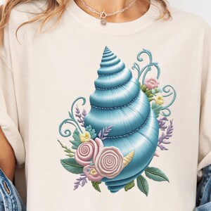 Floral Conch Seashell PNG, Embroidered Coastal Design, Ocean Beach Sublimation Graphic, Coastal Cottagecore, Trendy Nautical Tshirt Design