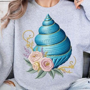 Floral Conch Seashell PNG, Embroidered Coastal Design, Ocean Beach Sublimation Graphic, Coastal Cottagecore, Trendy Nautical Tshirt Design